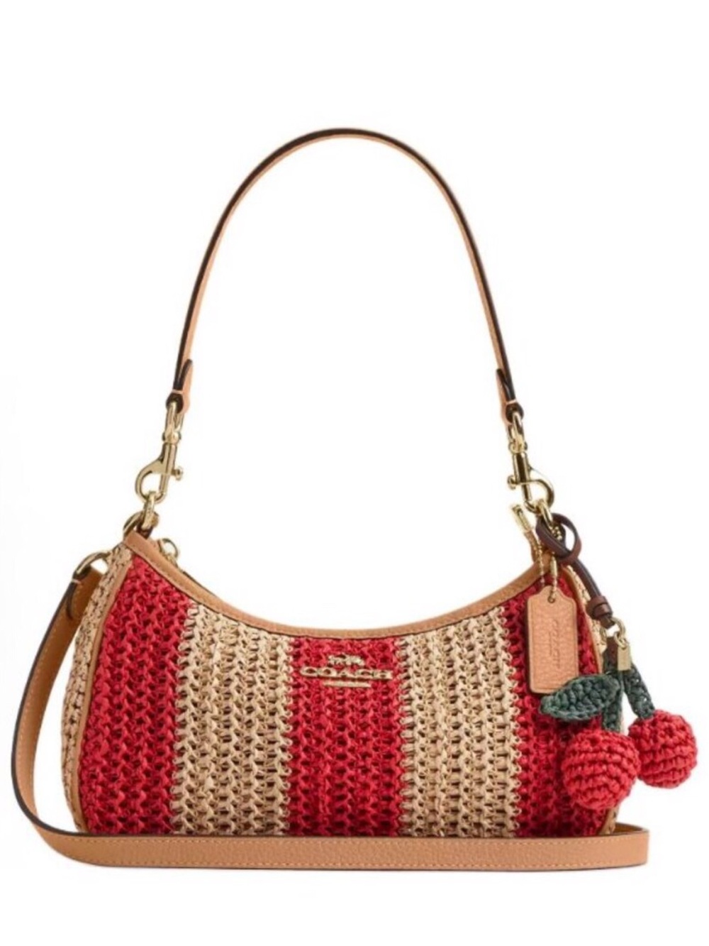 Coach Straw Crochet Cherry Shoulder Bag in Red/Tan